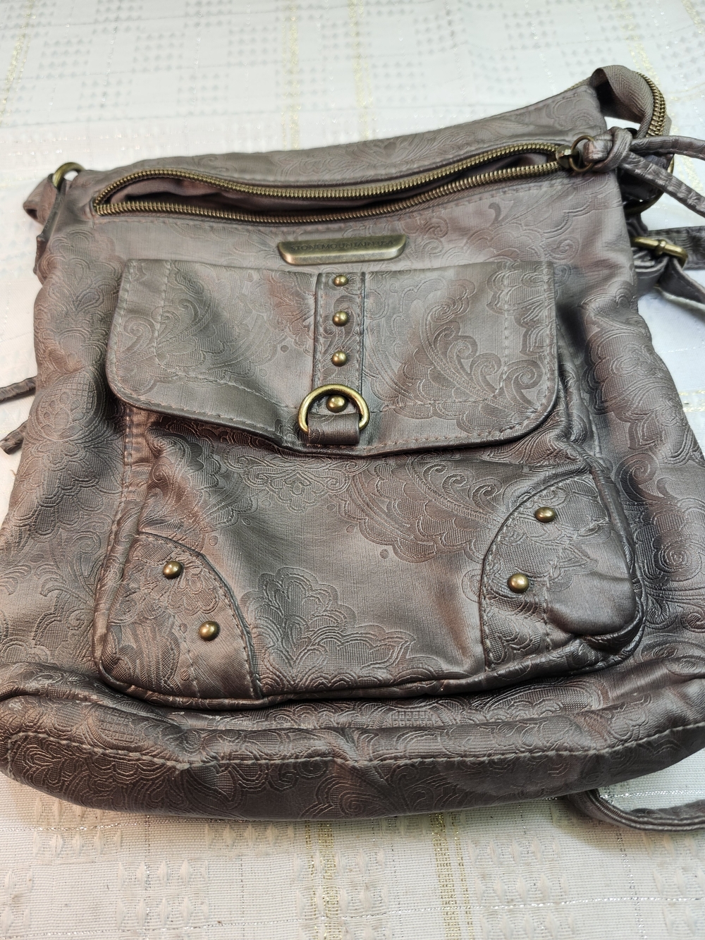 Embossed Floral Taupe Crossbody Bag with Antique Trim